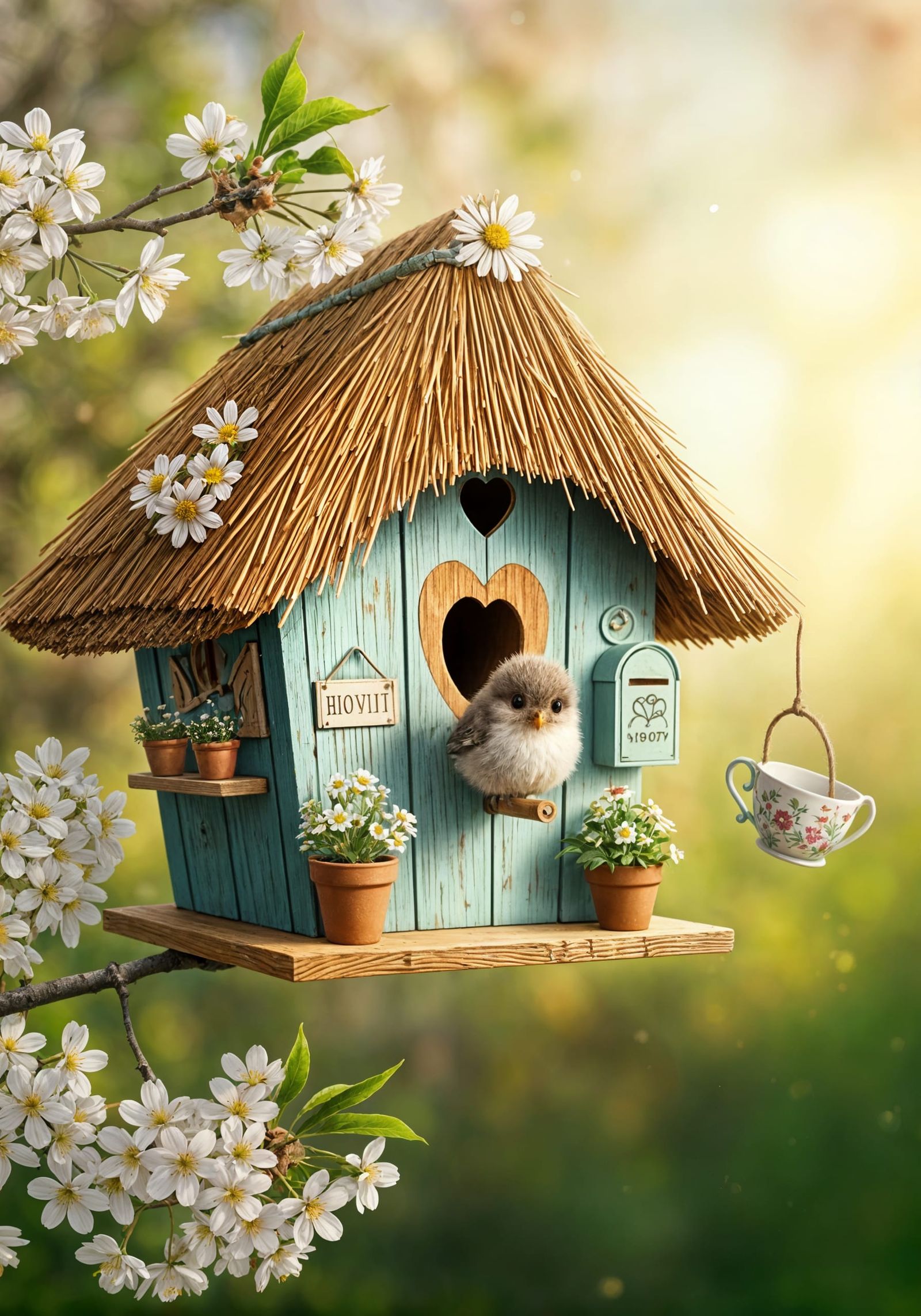 Charming Birdhouse with Cherry Blossoms in Storybook Style