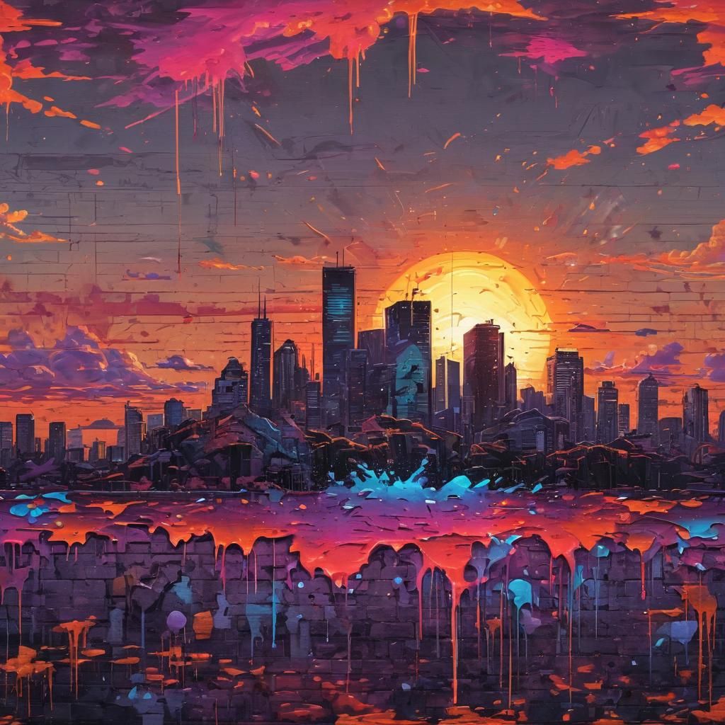 Pixel Art Sunset with Graffiti Elements