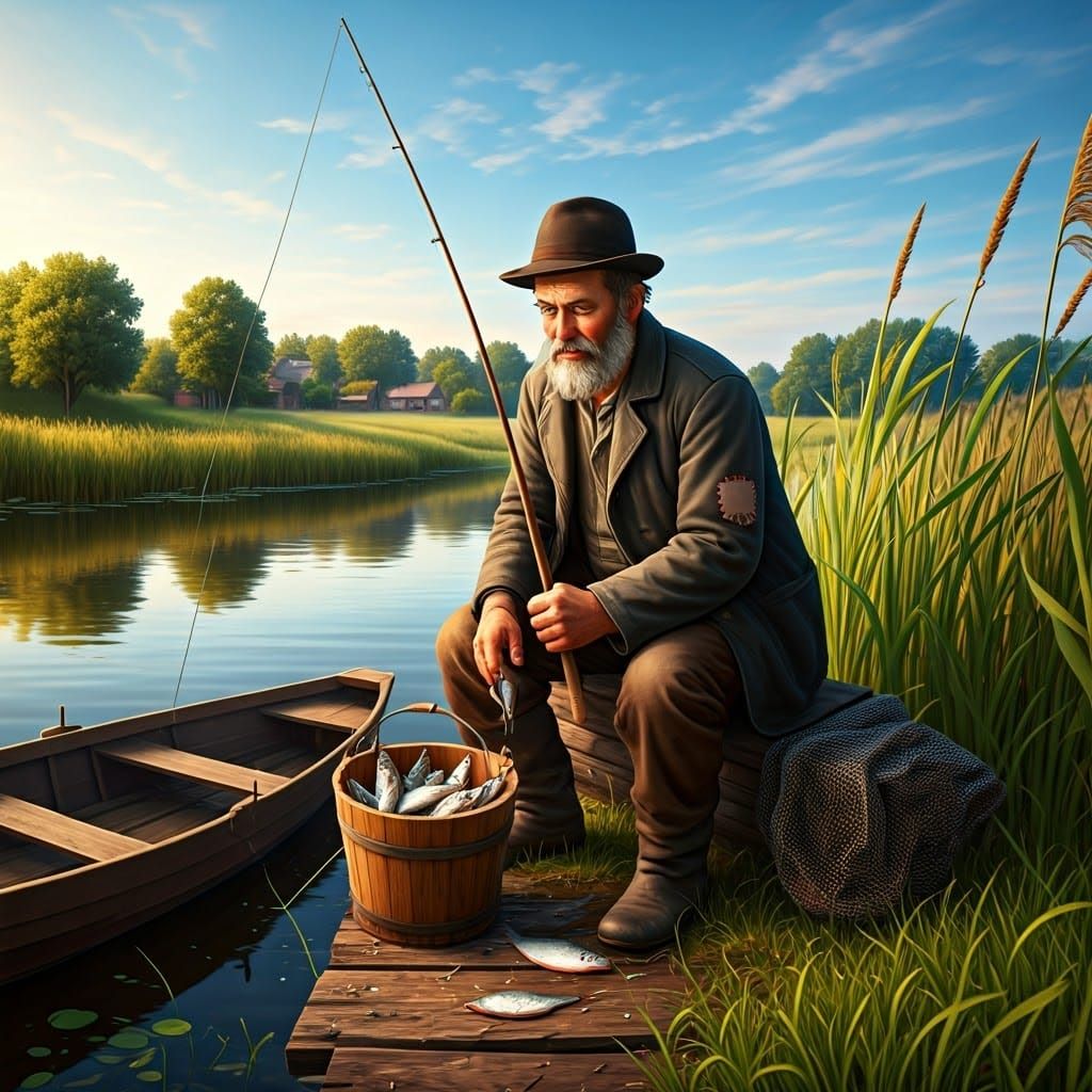 Fisherman in Rustic Shtetl Scene
