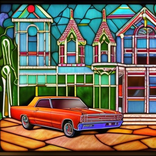1964 chevelle El camino Classic muscle cars neon parked outside of a gingerbread house with stained glass windows in the...
