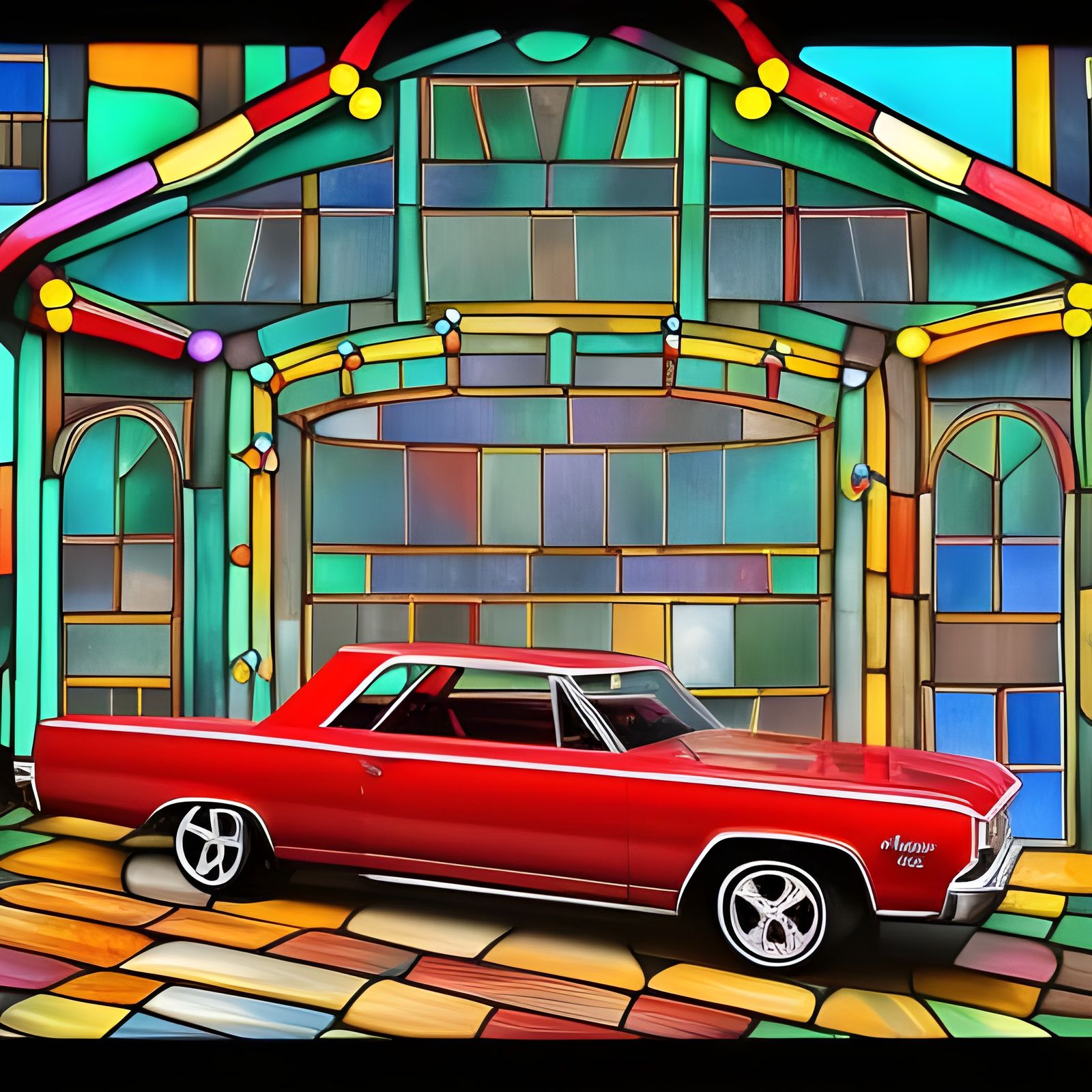 1964 chevelle El camino Classic muscle cars neon parked outside of a gingerbread house with stained glass windows in the...