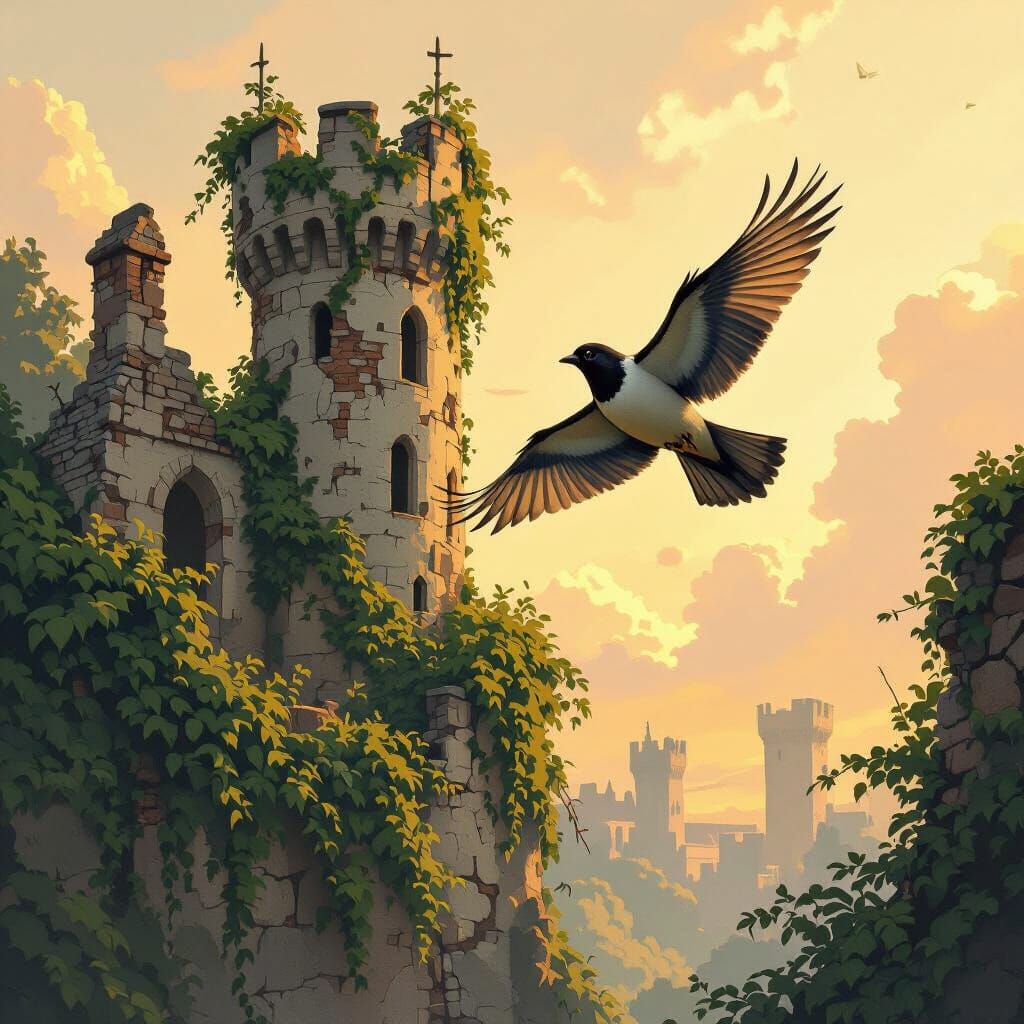 Bird Soaring Past Ruined Castle in Dreamlike Scene