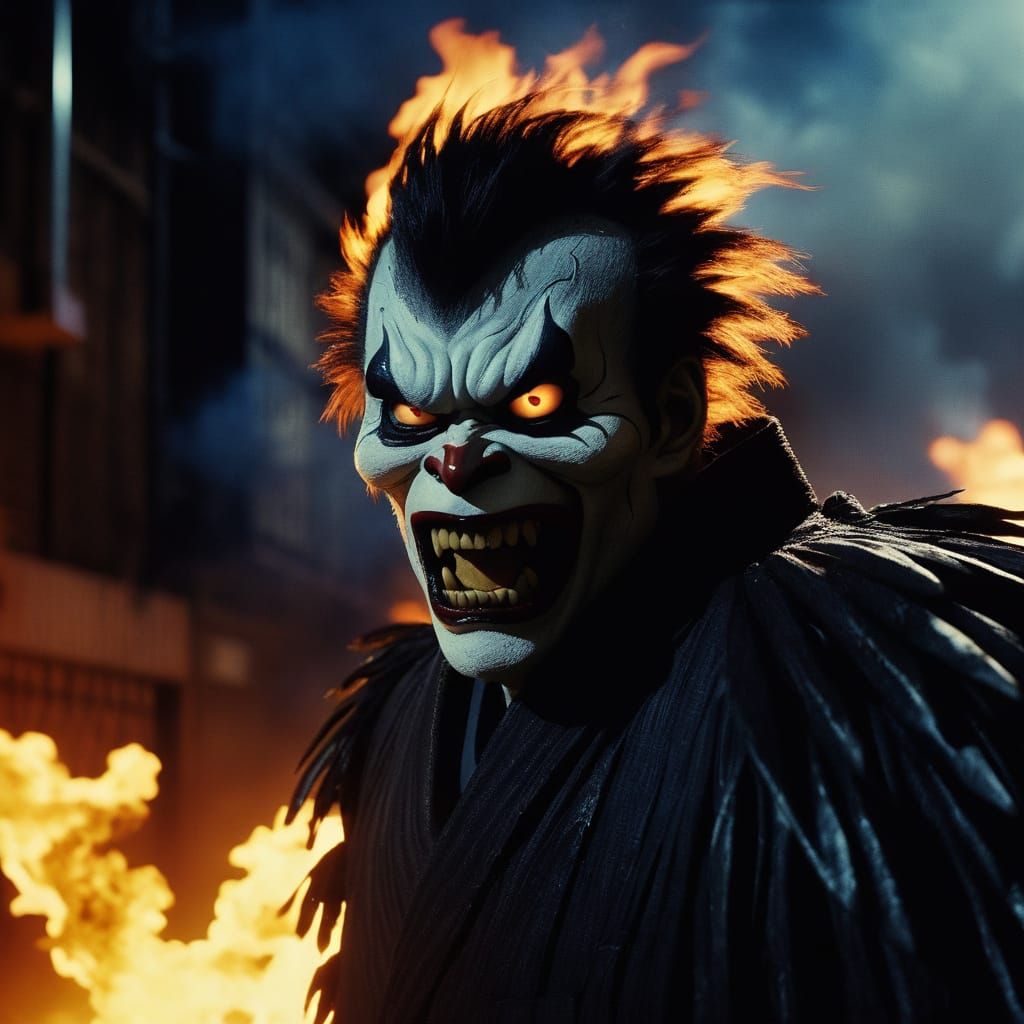 Epic Cinematic Scene of Ryuk in Agony, Burning in Flames