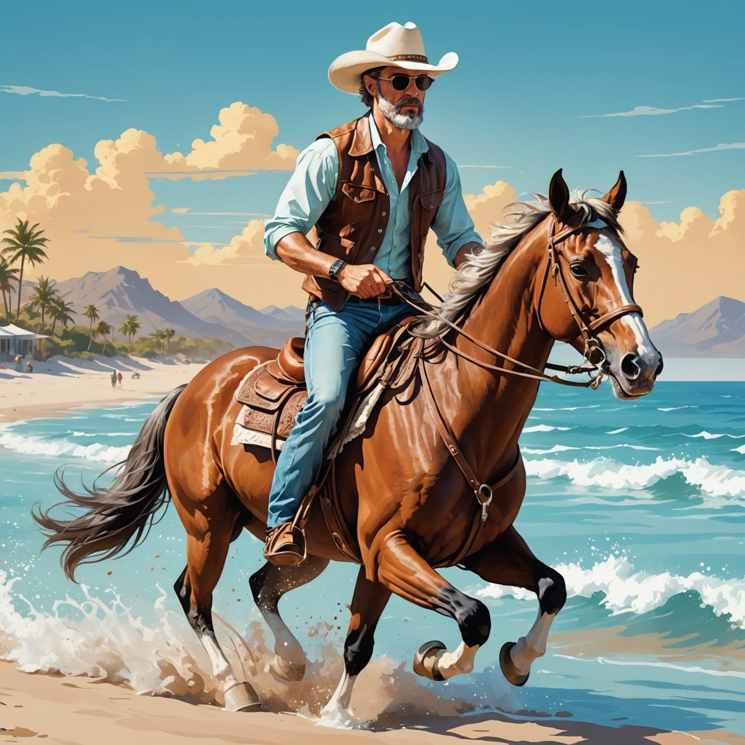 Cowboy Rides Horse on Sun-Drenched Beach
