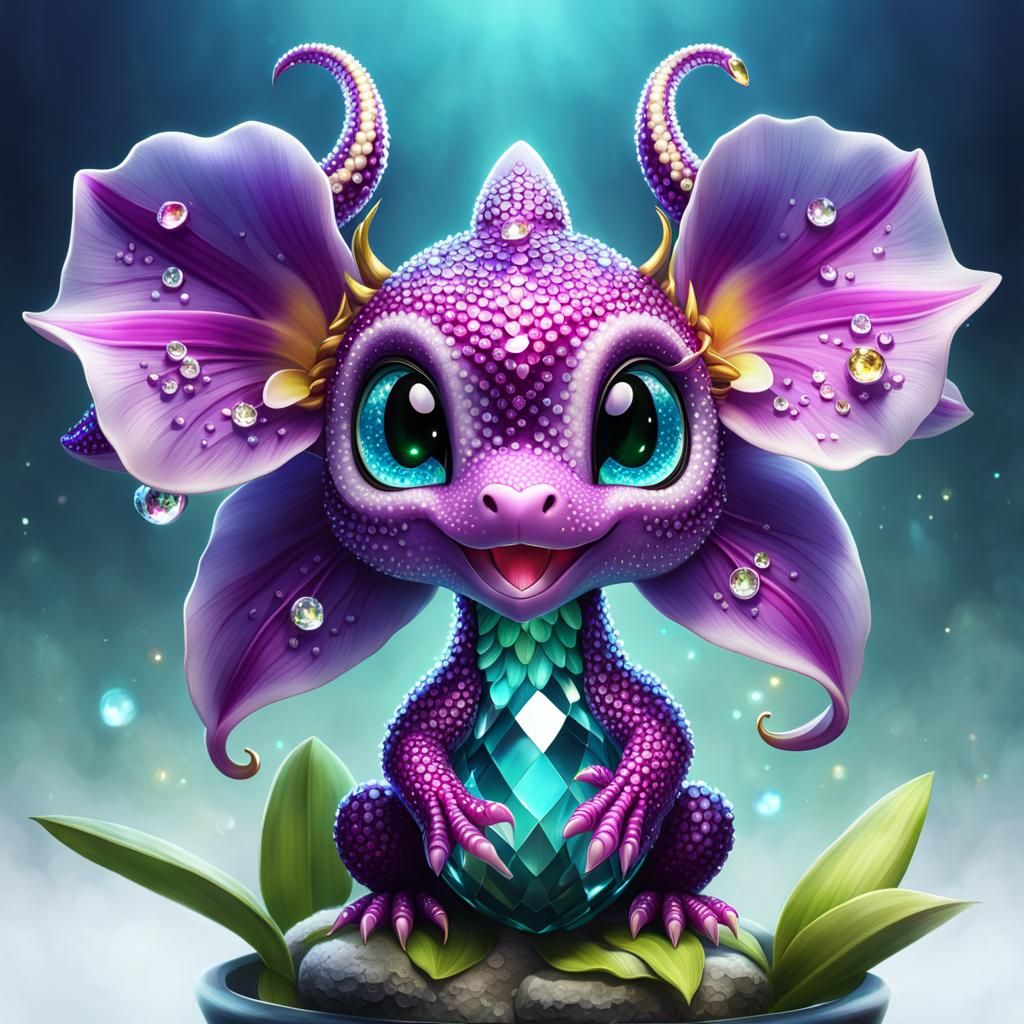 Whimsical Jeweled Orchid Dragon Portrait in Hyperreal Style