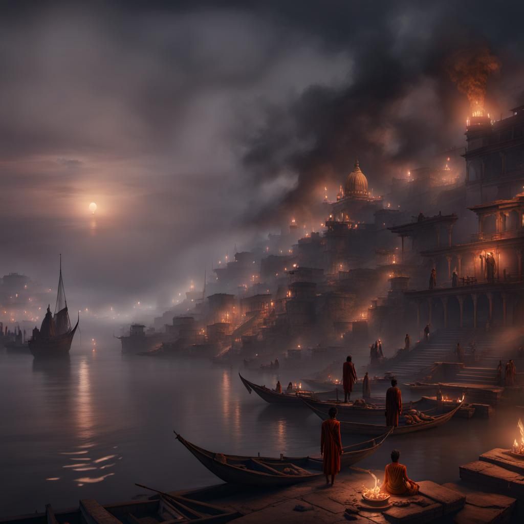 Night View of Varanasi Ghats: Detailed Matte Painting