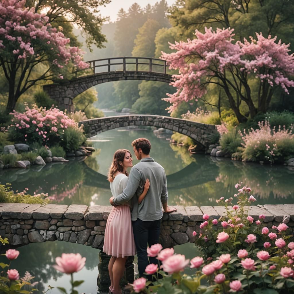 Romantic Couple on Vintage Bridge in Landscape Photo