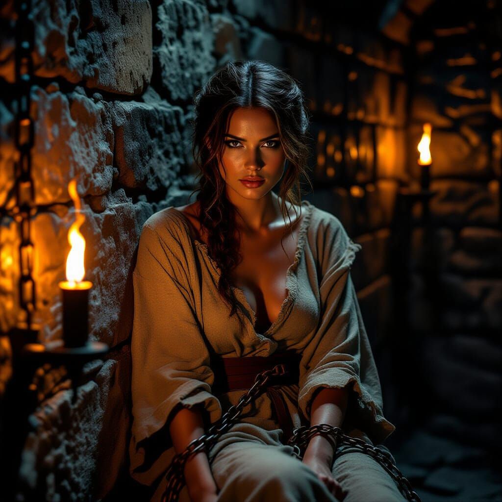 Captive Woman in Dungeon with Torches, Oil Painting Style