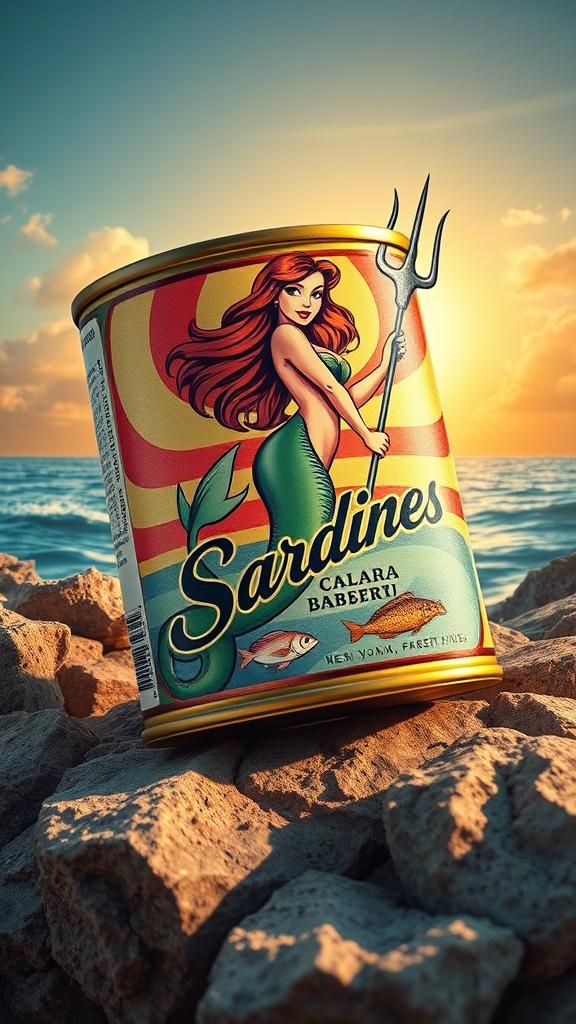 Retro Sardine Can Label with Mermaid, Vintage Style