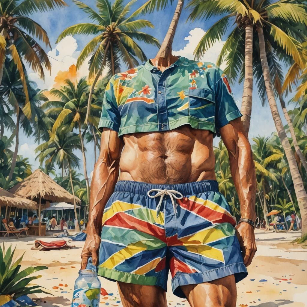 Idyllic Beach Scene with Rainbow in Gouache Style