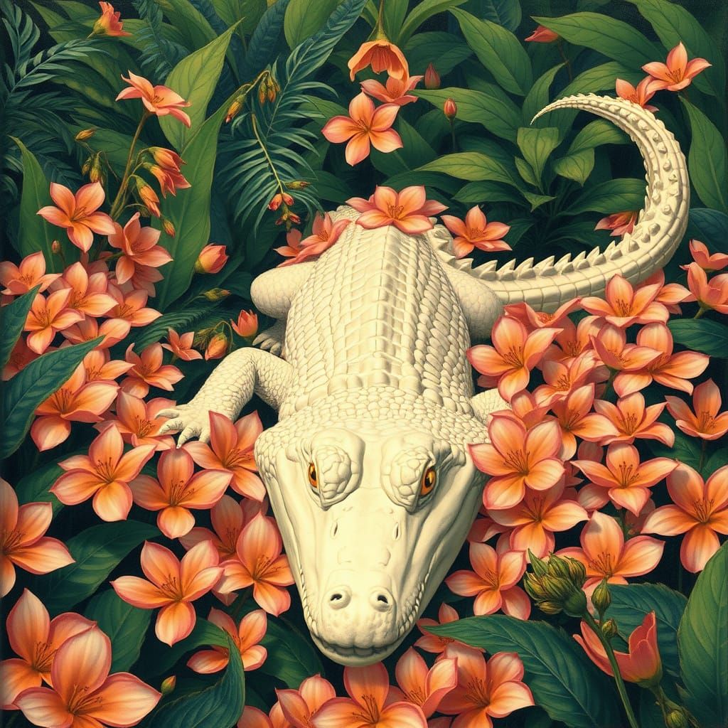 Albino crocodile In a jungle surrounded by peach colored flo...