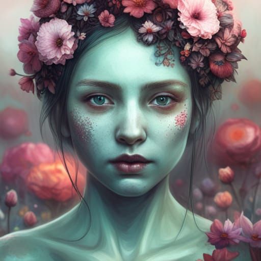 Melancholy Girl in Flowers: Detailed Fantasy Art