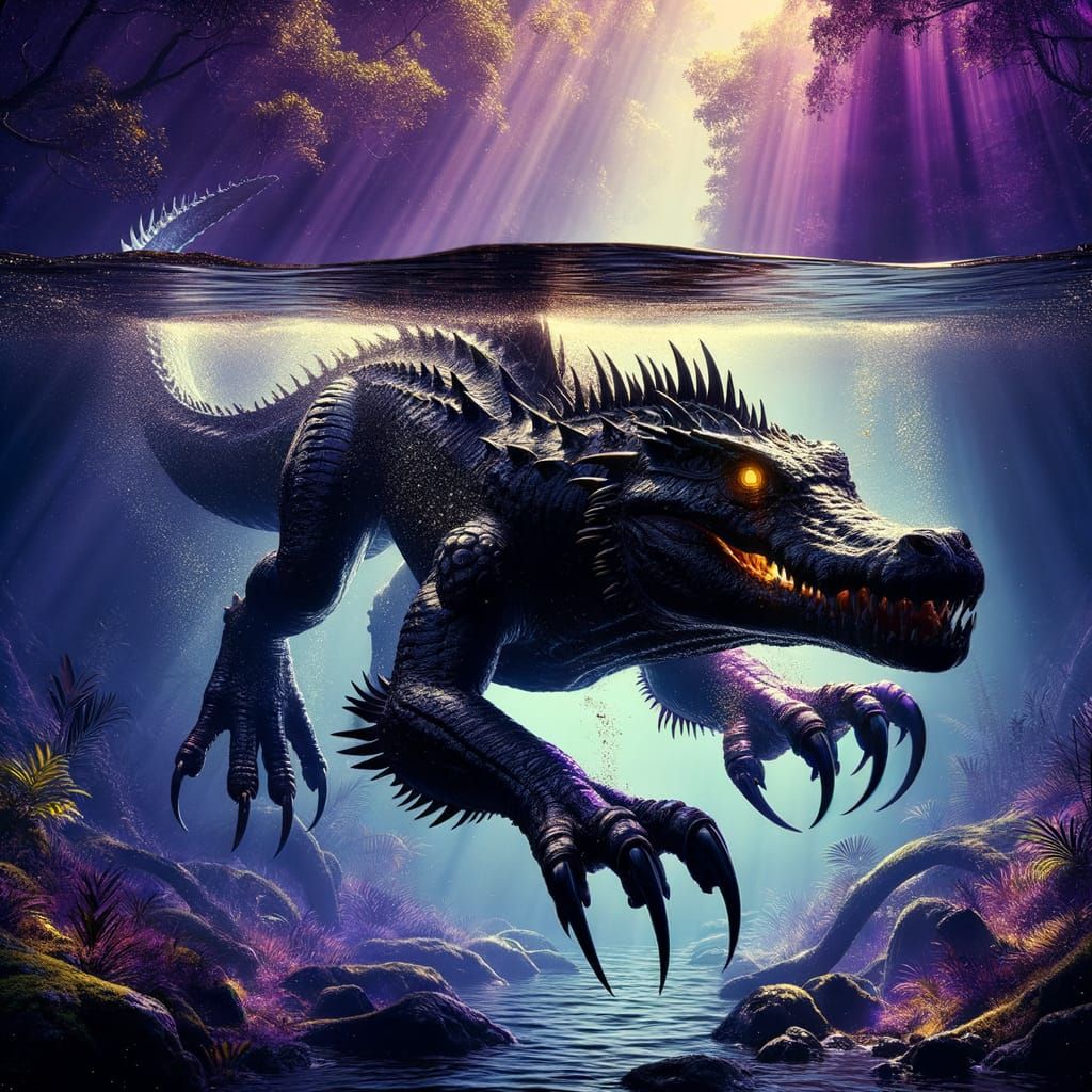 Dark Fantasy Jaguar-Alligator Hybrid Lurks in Jungle River D...