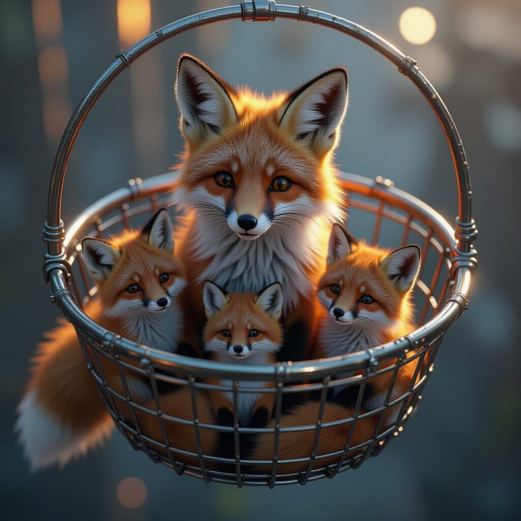 Happy Fox Family in Metallic Basket, Sci-Fi Style