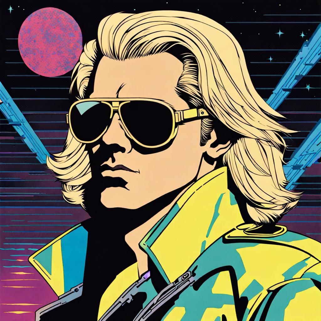 attractive androgynous male pace pilot with long blonde hair and 80s aviators with an enigmatic presence, styled with a ...