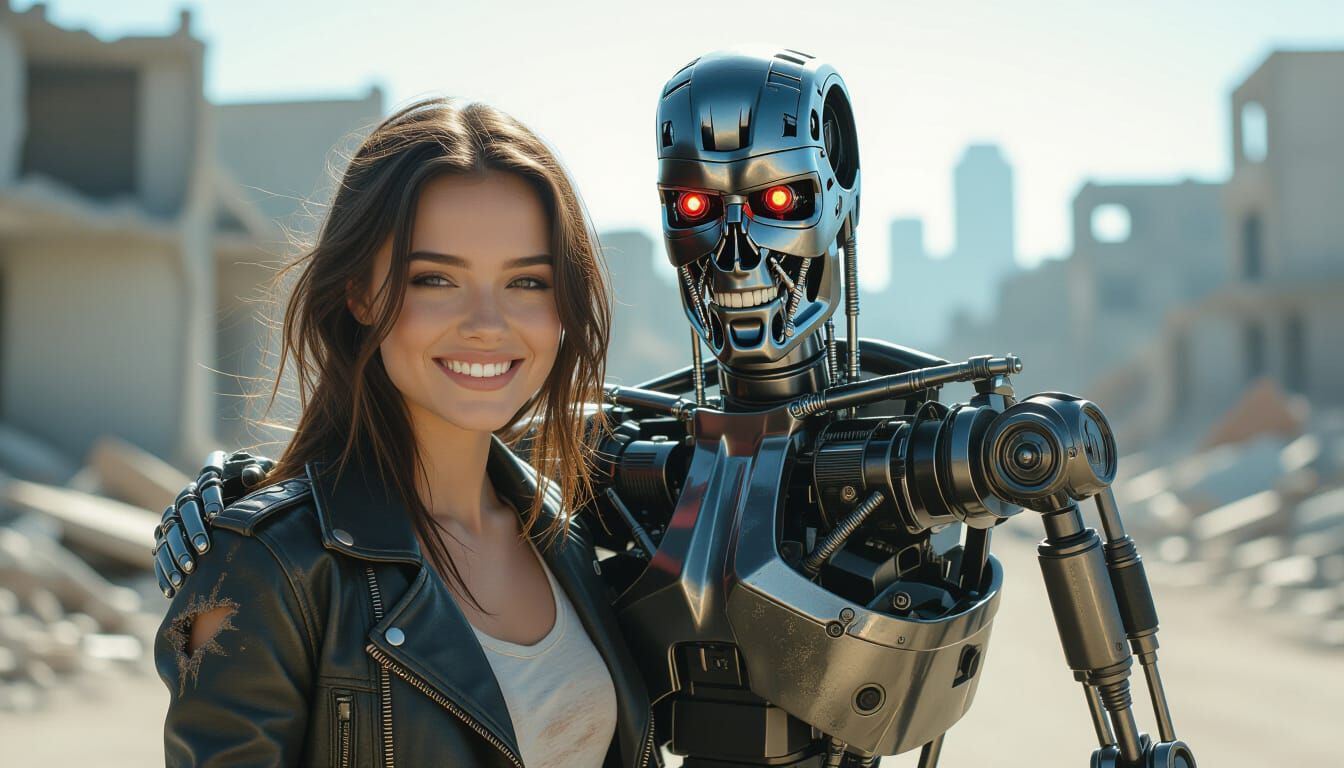 Woman and Cyborg Selfie in Apocalyptic Ruins