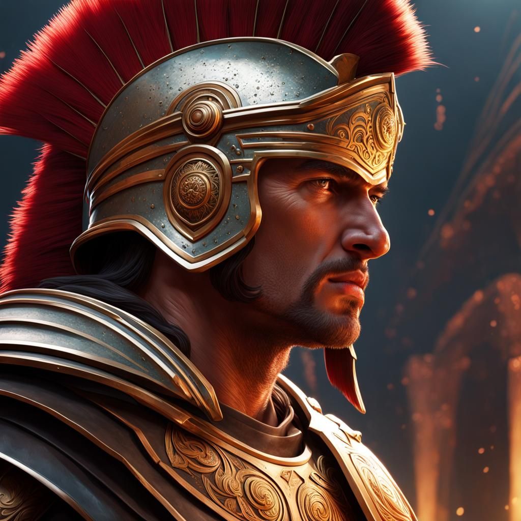Detailed Portrait of Roman Warrior in Battle
