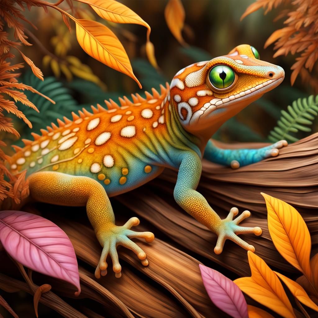 Camouflaged Gecko in Hyperdetailed Forest Scene