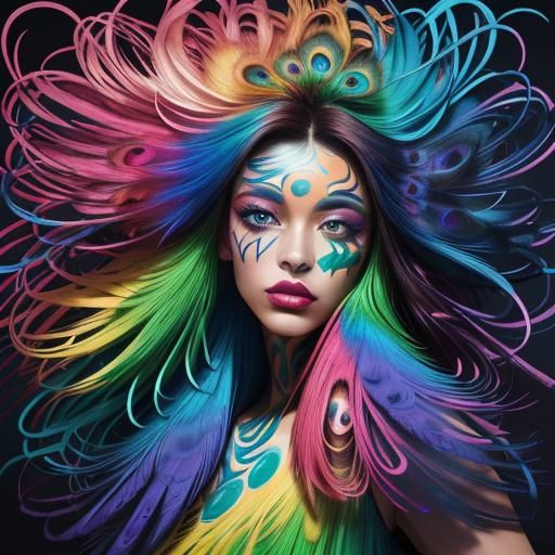 Rainbow Woman with Peacock Feathers in Abstract Expressionis...