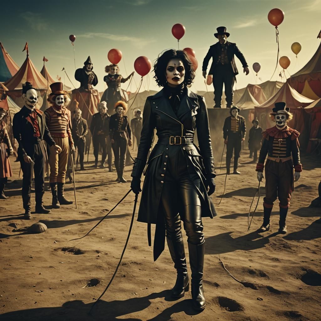 Ringmaster in Surreal Circus: A Film Noir Scene