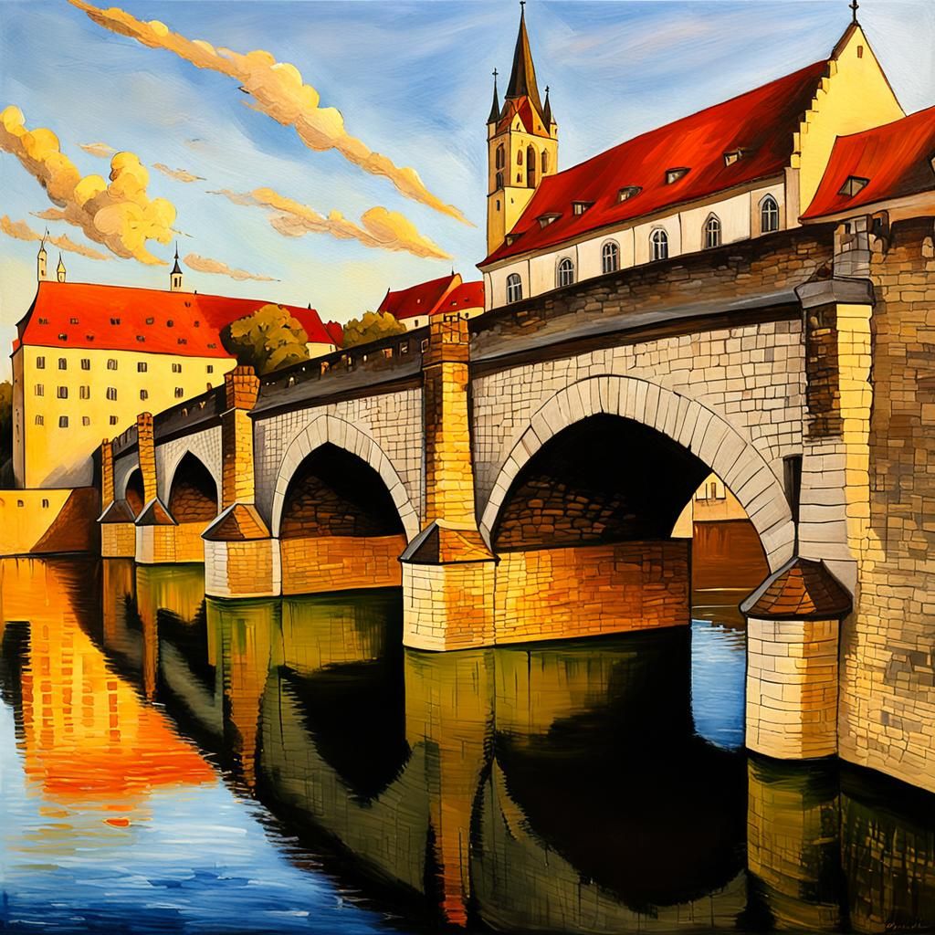 Stone Bridge, Regensburg: Gothic Oil Painting in Dürer Style