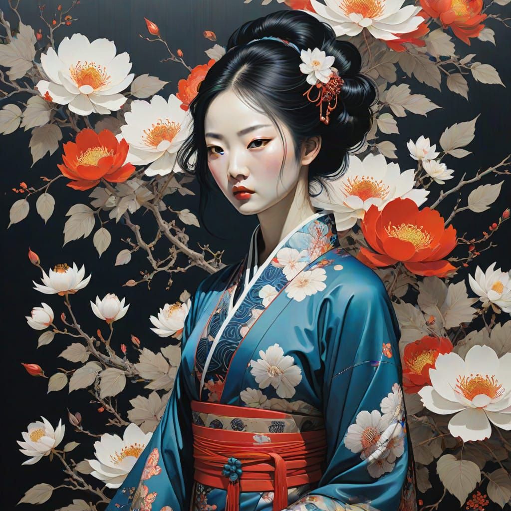 Surrealist Chinese Goddess in Whirling Brushstrokes and Flor...