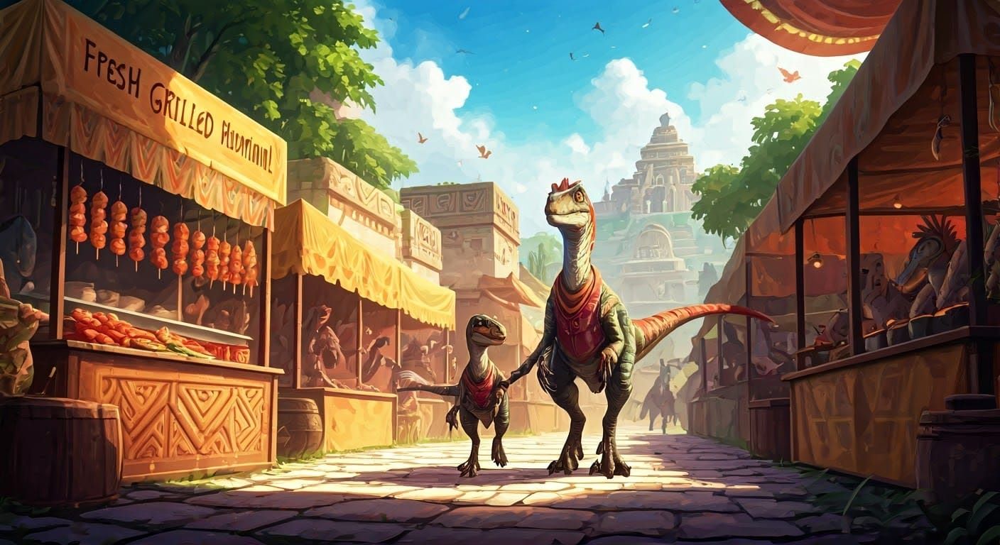 Dinosaur Street Market: 2.5D Anime Digital Art