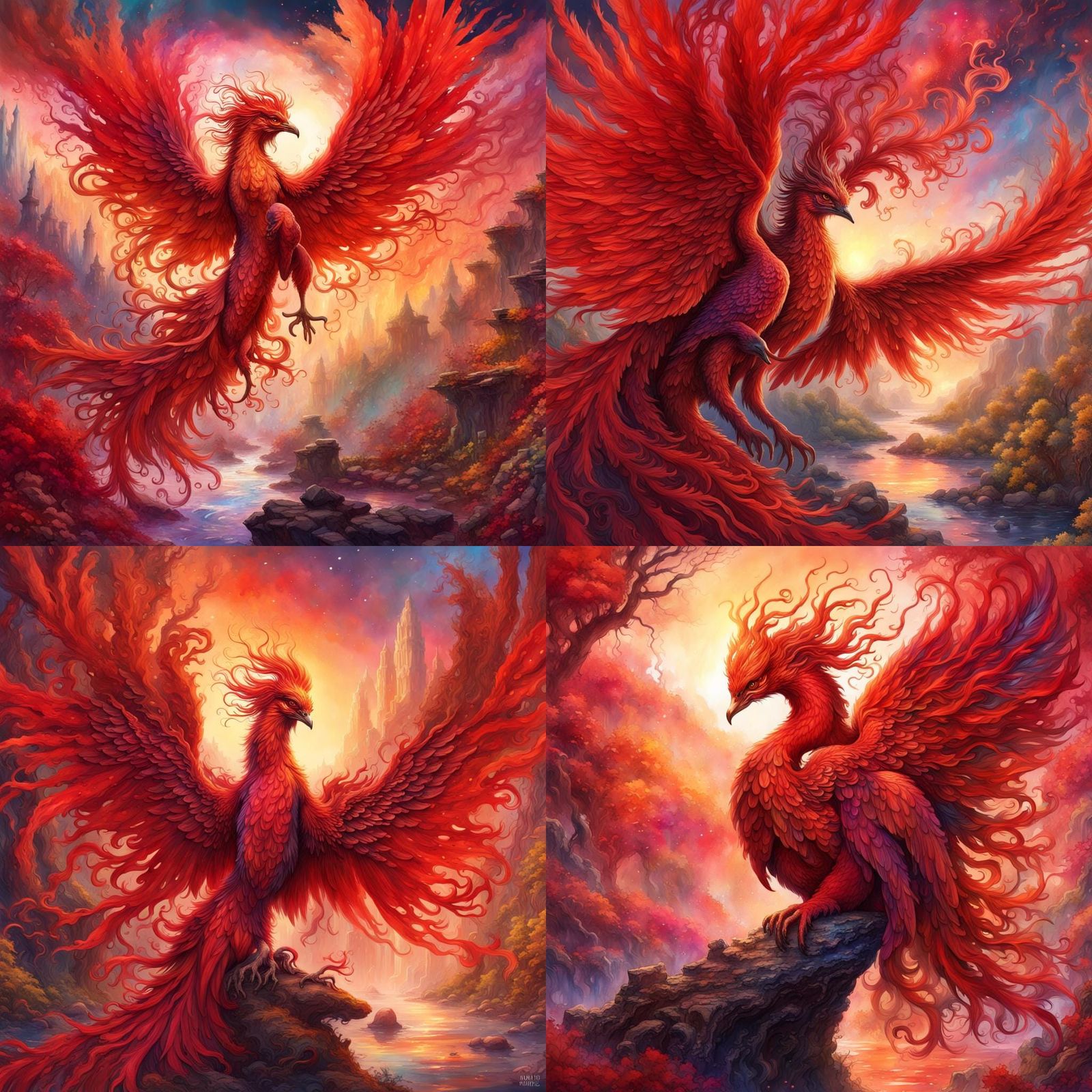 Fiery Red Phoenix Watercolor Art