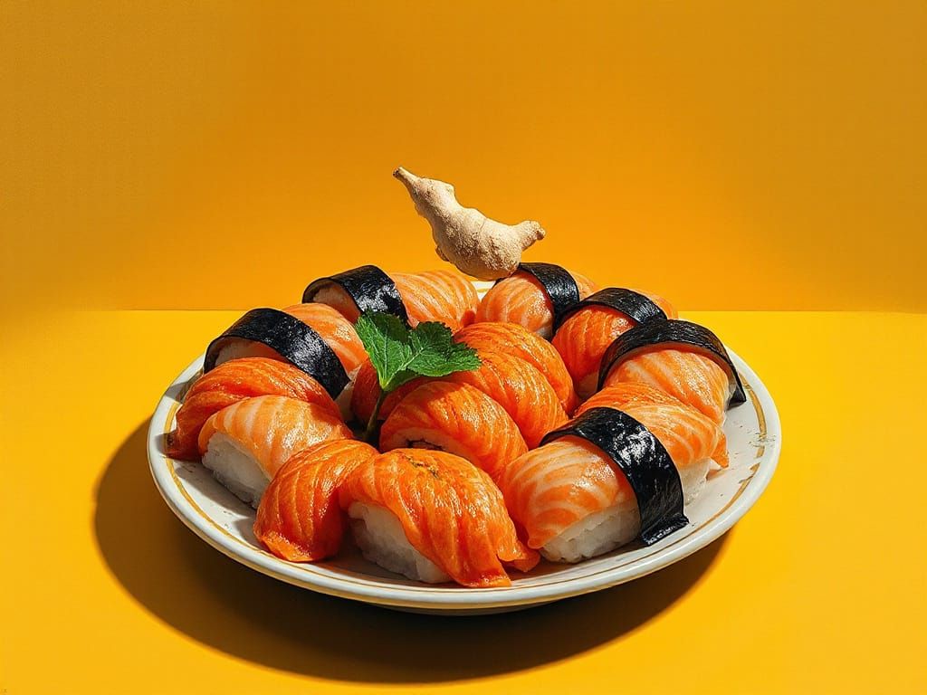 Stylized Sushi Plate with Levitating Garnishes