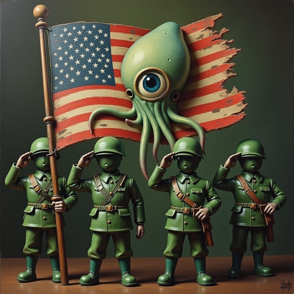 Toy Soldiers Salute Giant Squid Eye Painting
