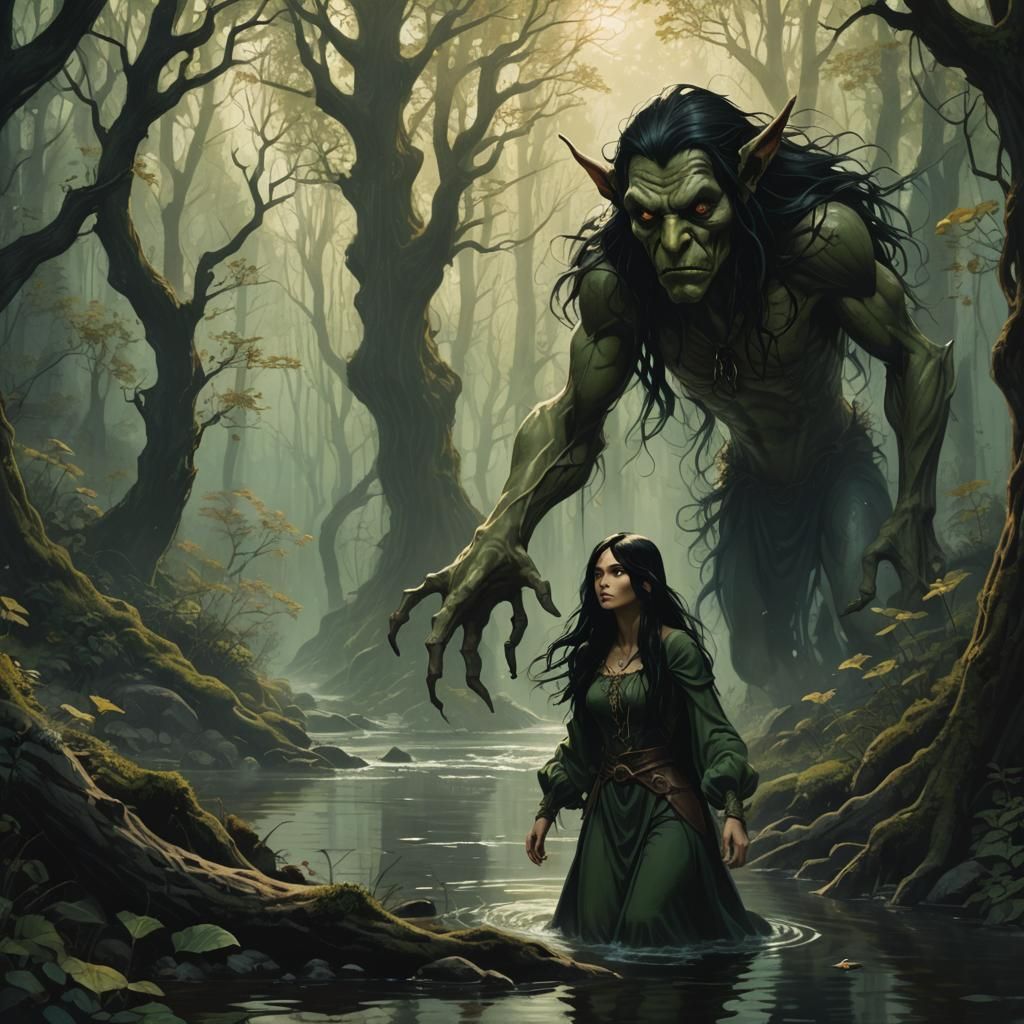 Goblin Stalker in Misty Forest, Art Nouveau Style
