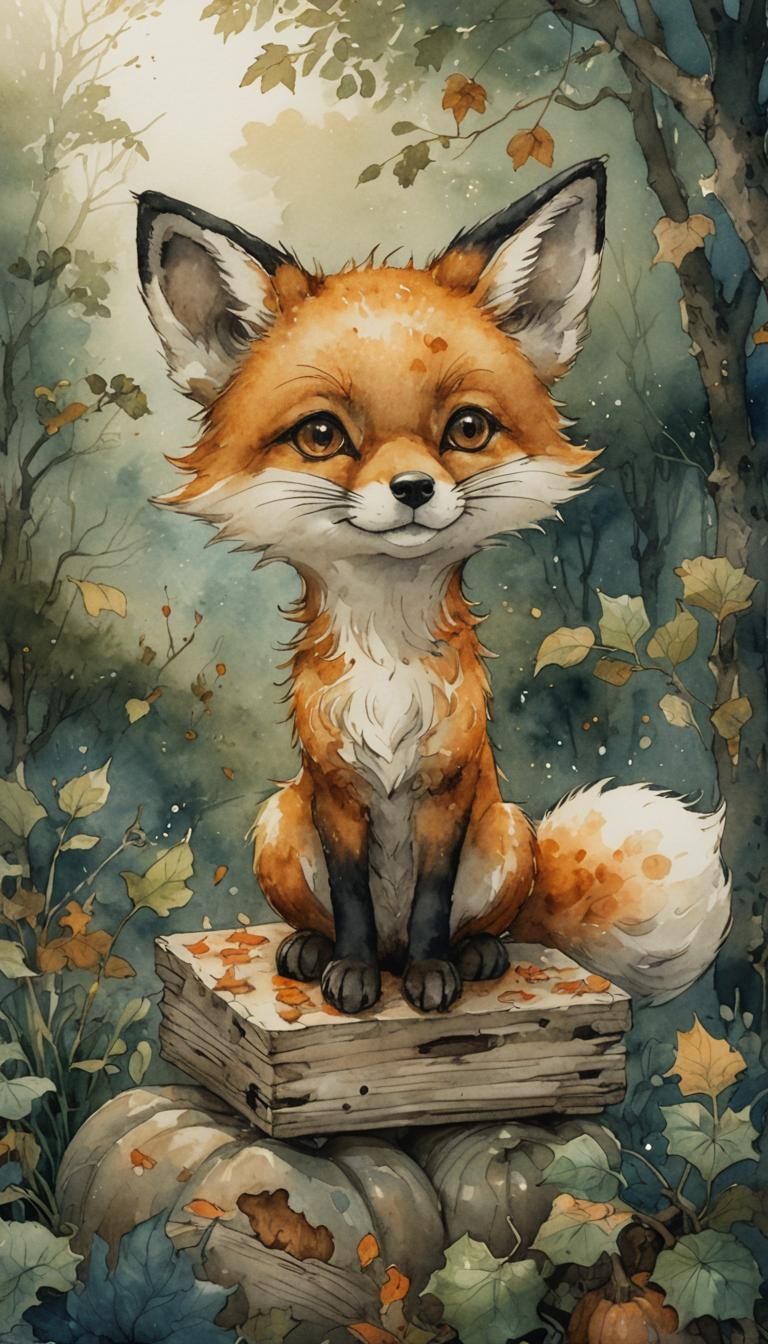 White Fox with Blue Paws in Japanese Watercolor