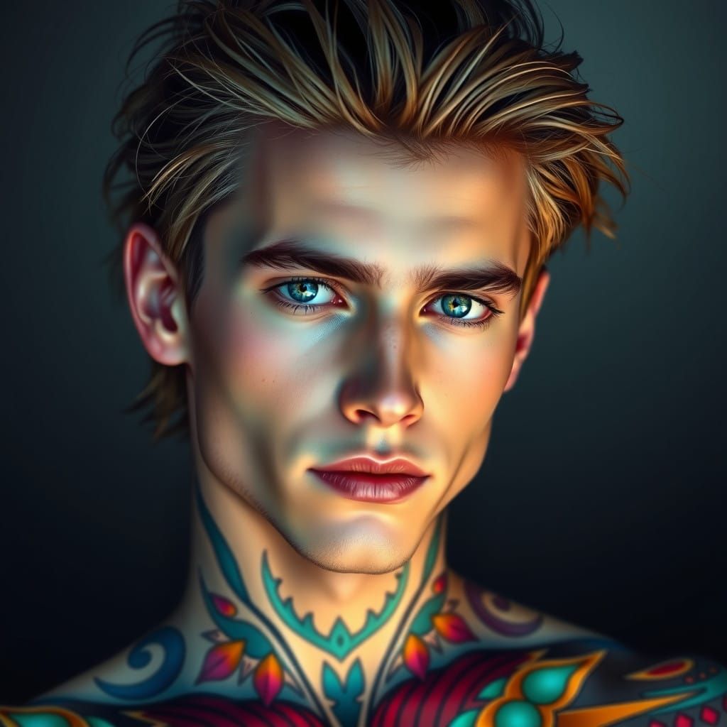 Dreamlike Figure with Angular Features and Tribal Tattoos