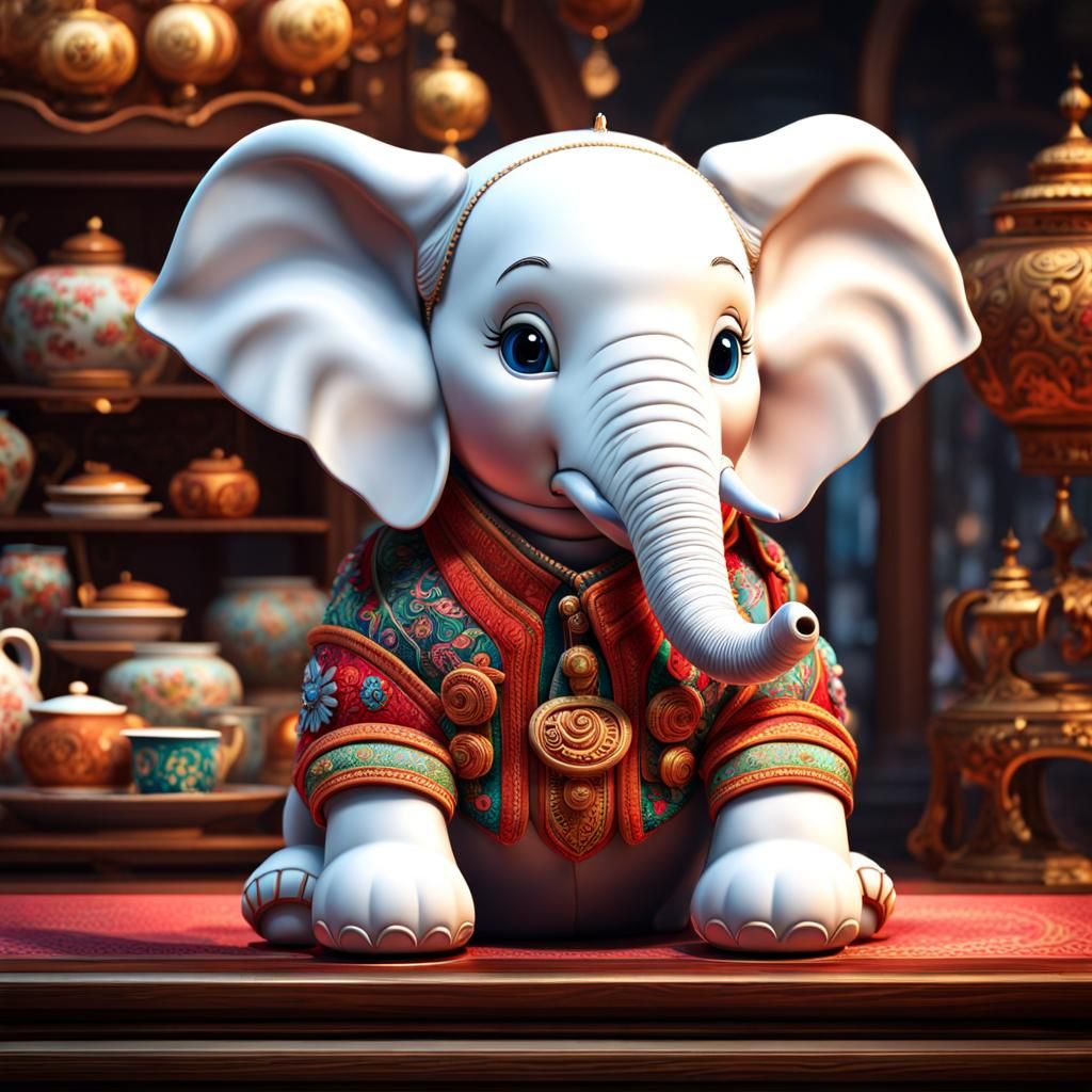 Adorable Anthropomorphic Elephant in China Shop