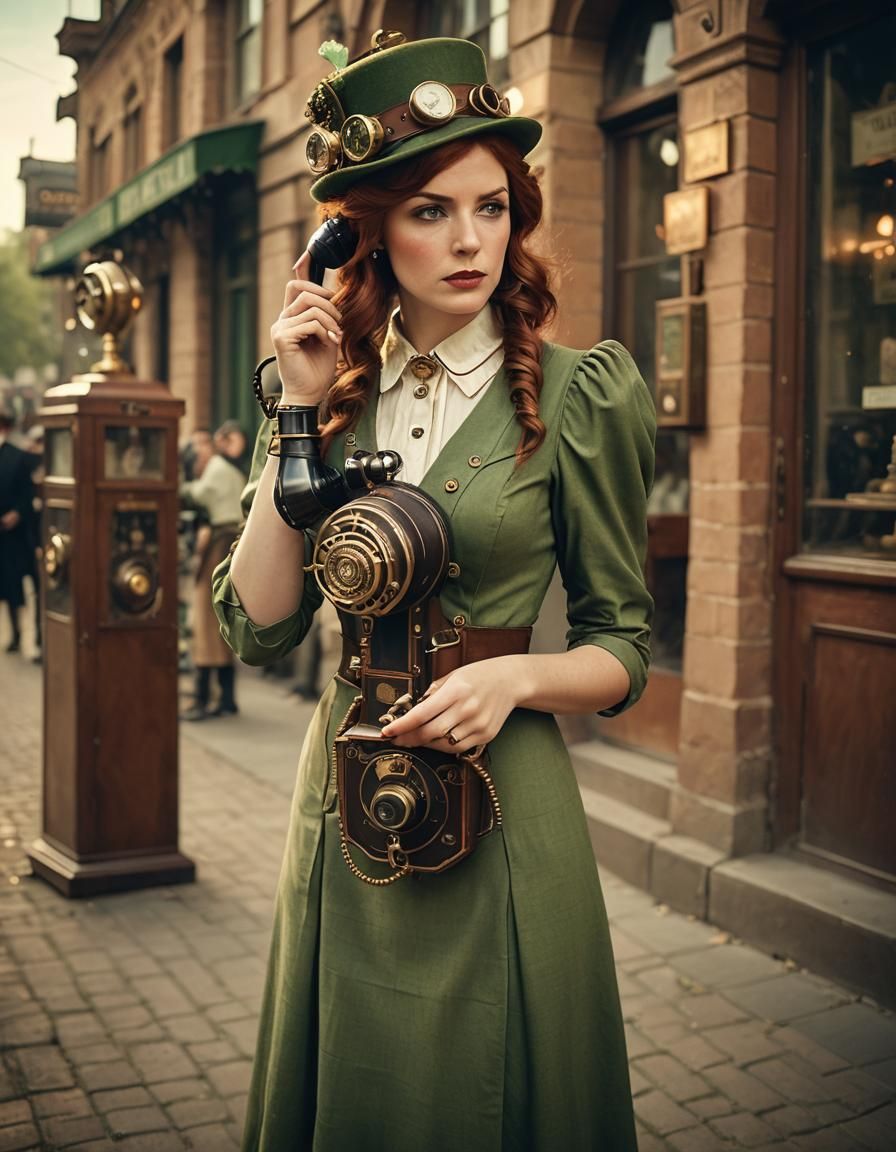 Steampunk Girl with Telephone in Cinematic Style