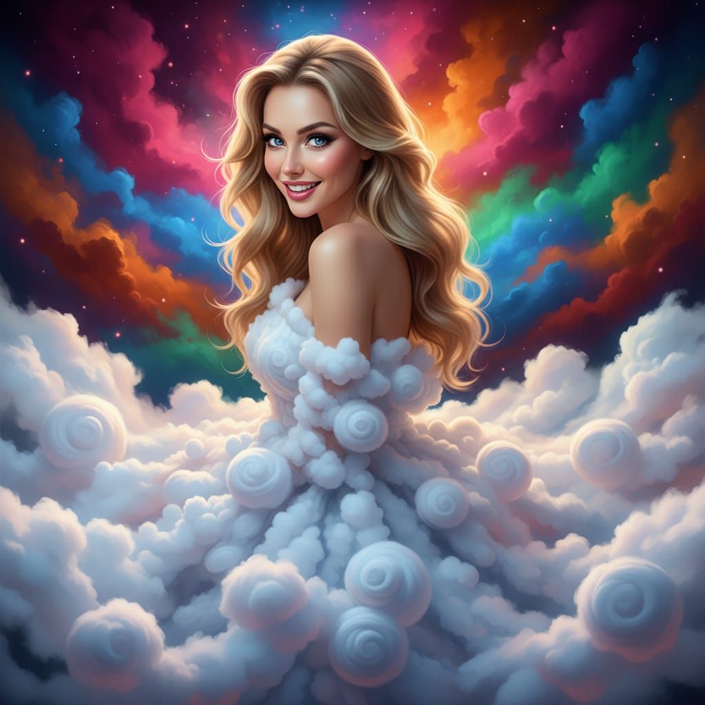 Expressive Woman Clothed in White Cloud