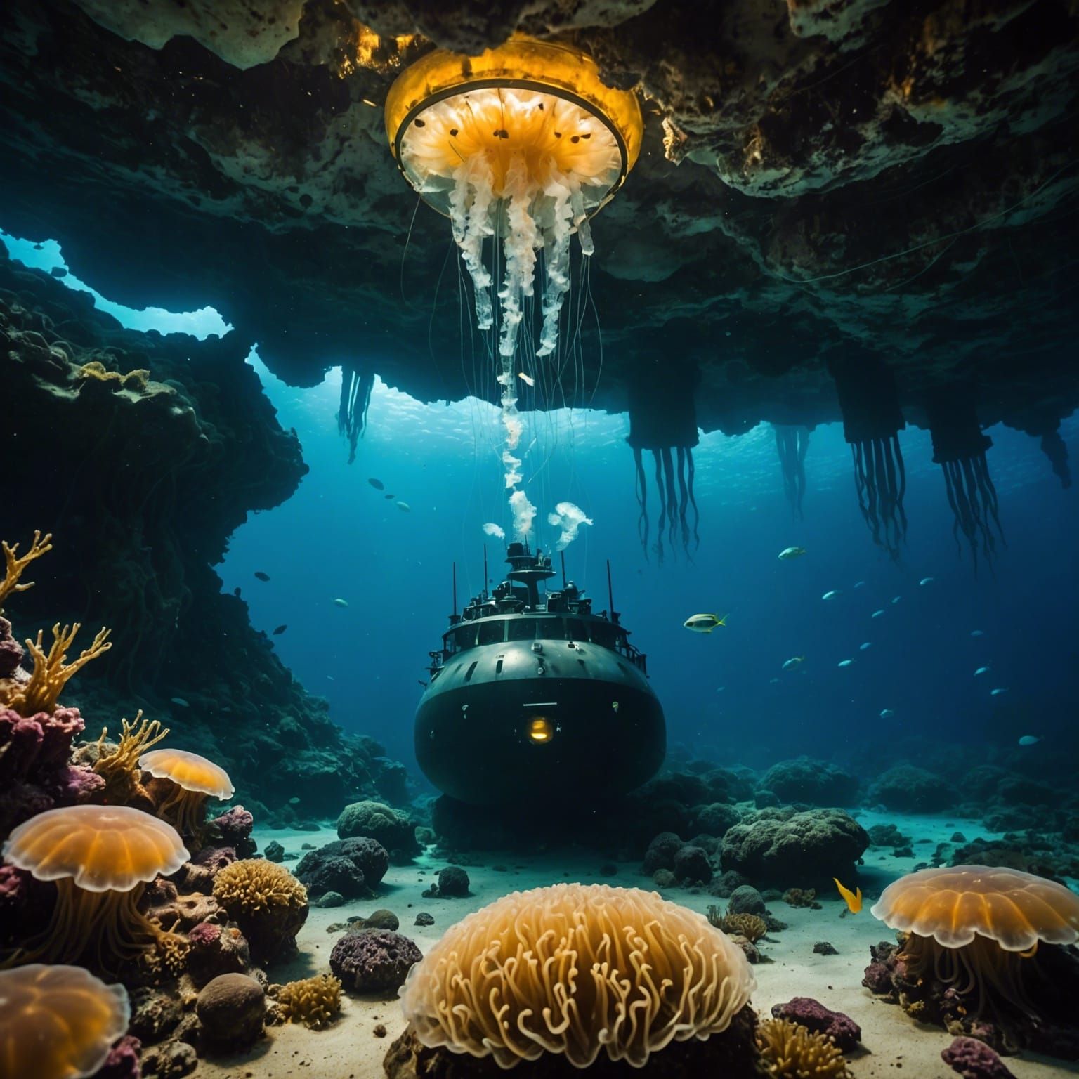 Submarine Explores Underwater Cave with Jellyfish