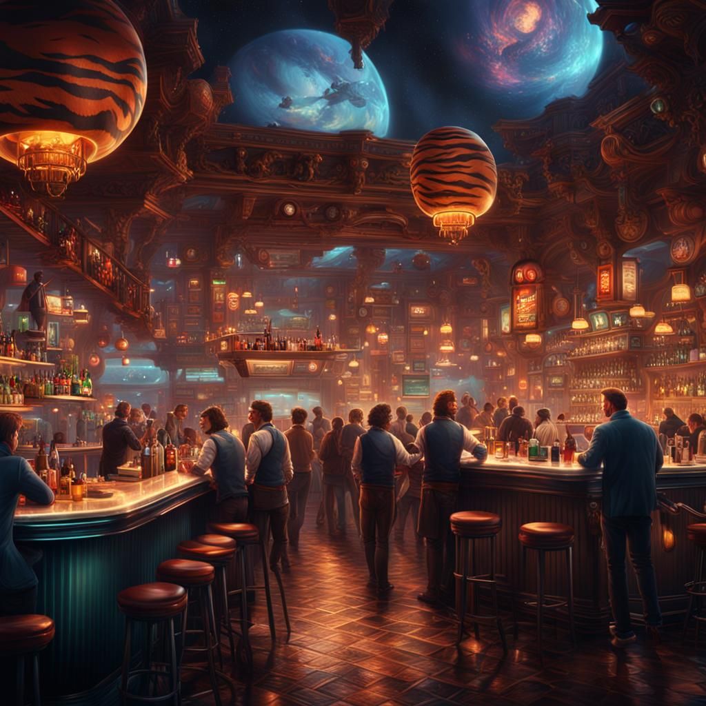 Tiger Bartender at Crowded Spaceport Bar