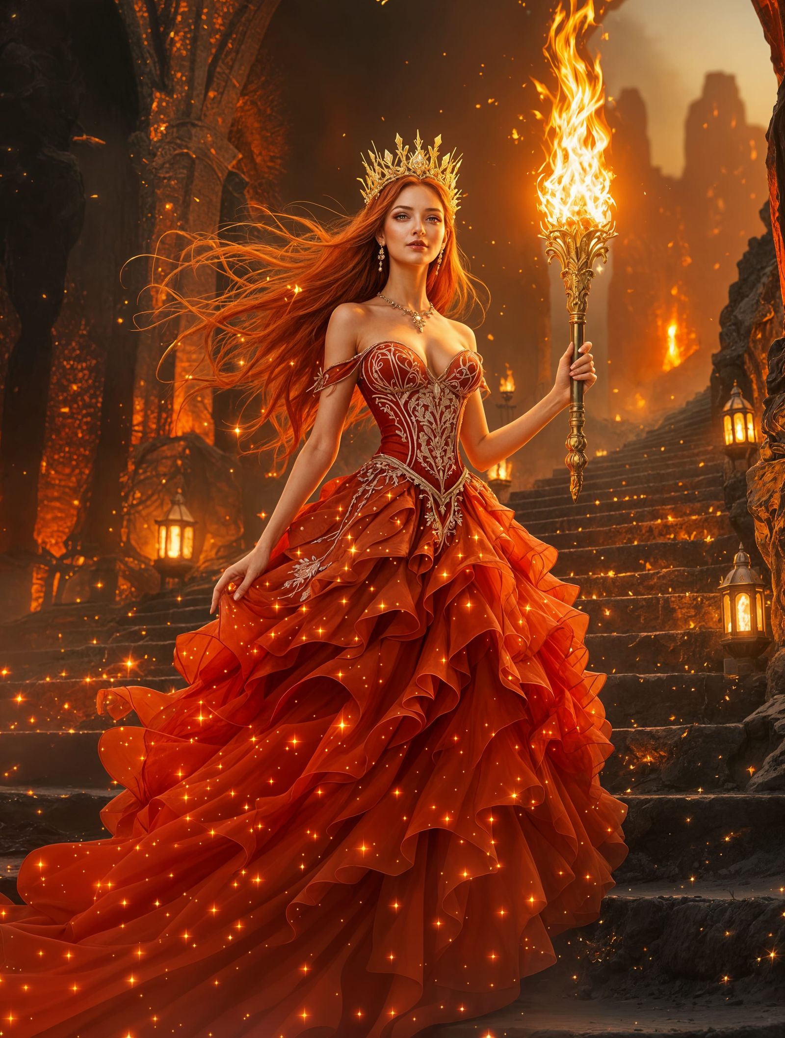Hyperrealistic Flame Queen Reigns Over Volcanic Wastes