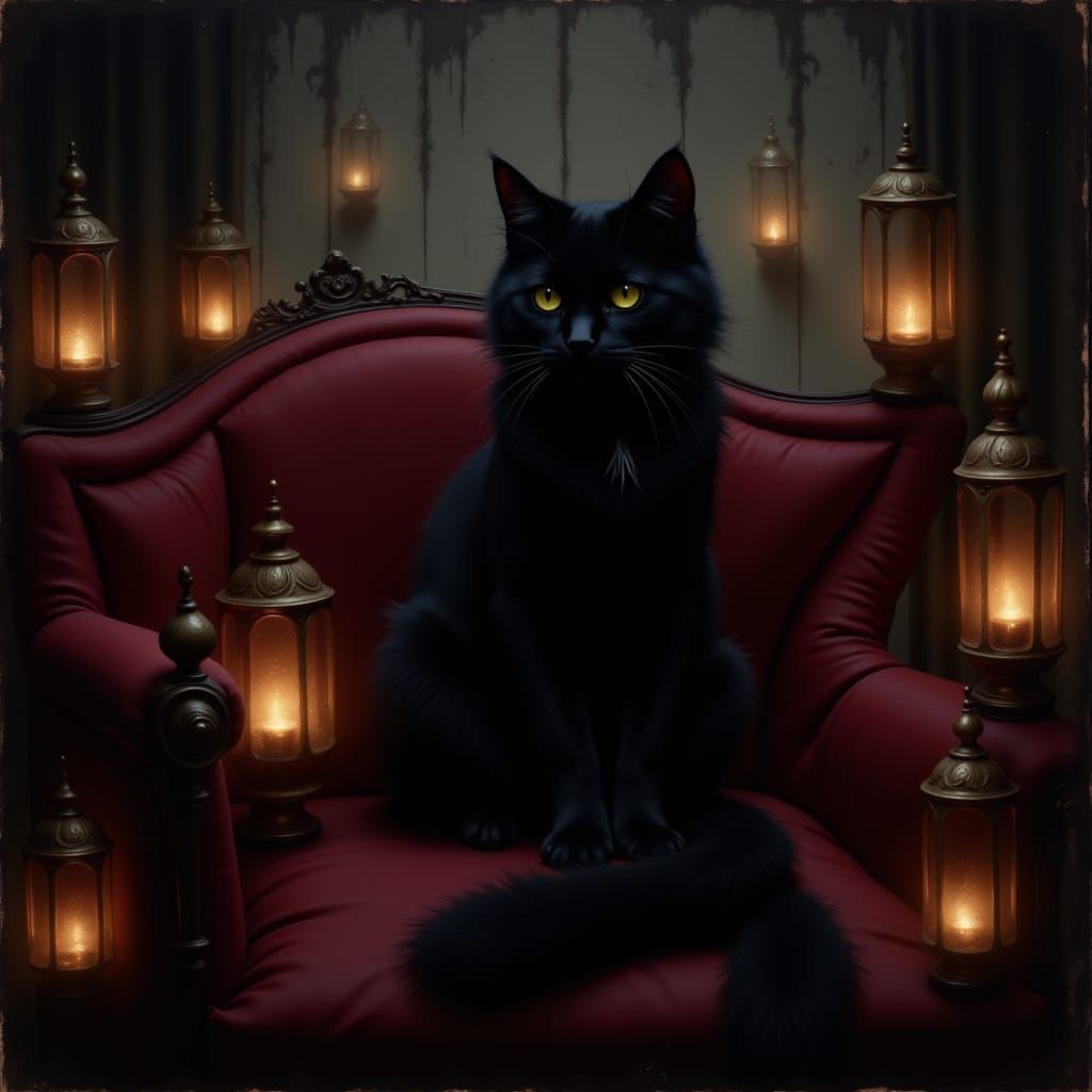 Black Cat on Velvet Couch in Colourfield Style