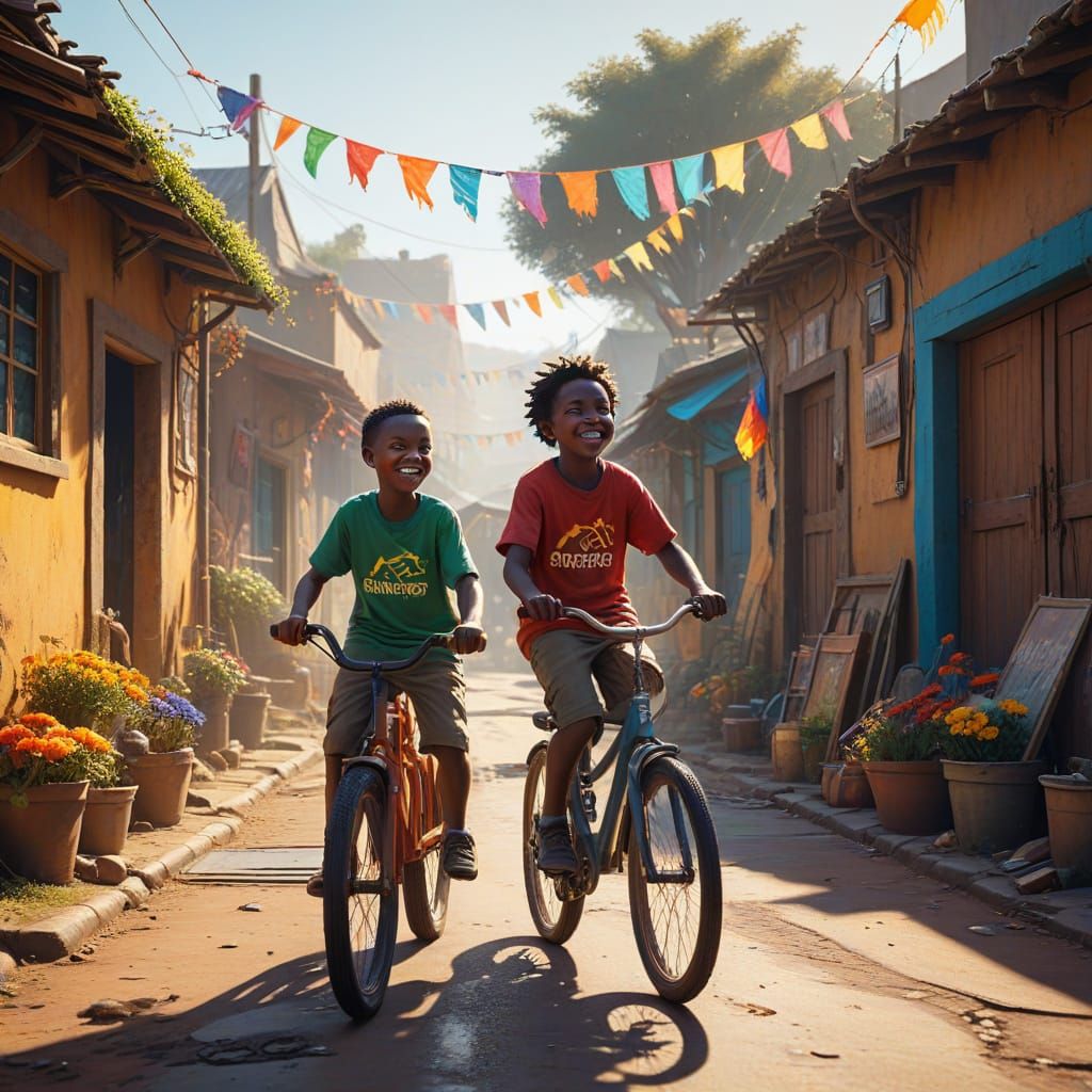 Joyful Young Cyclists in a Vibrant South African Township