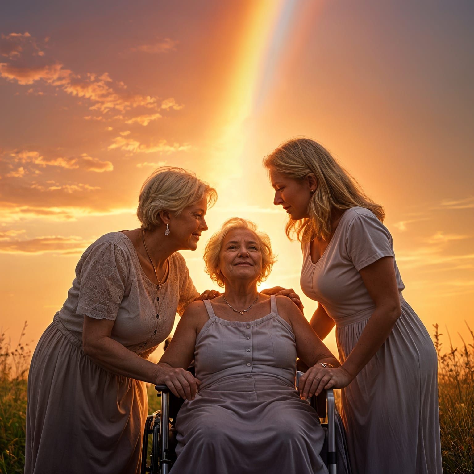 Three Generations of Women Stand Together in Harmony, Agains...
