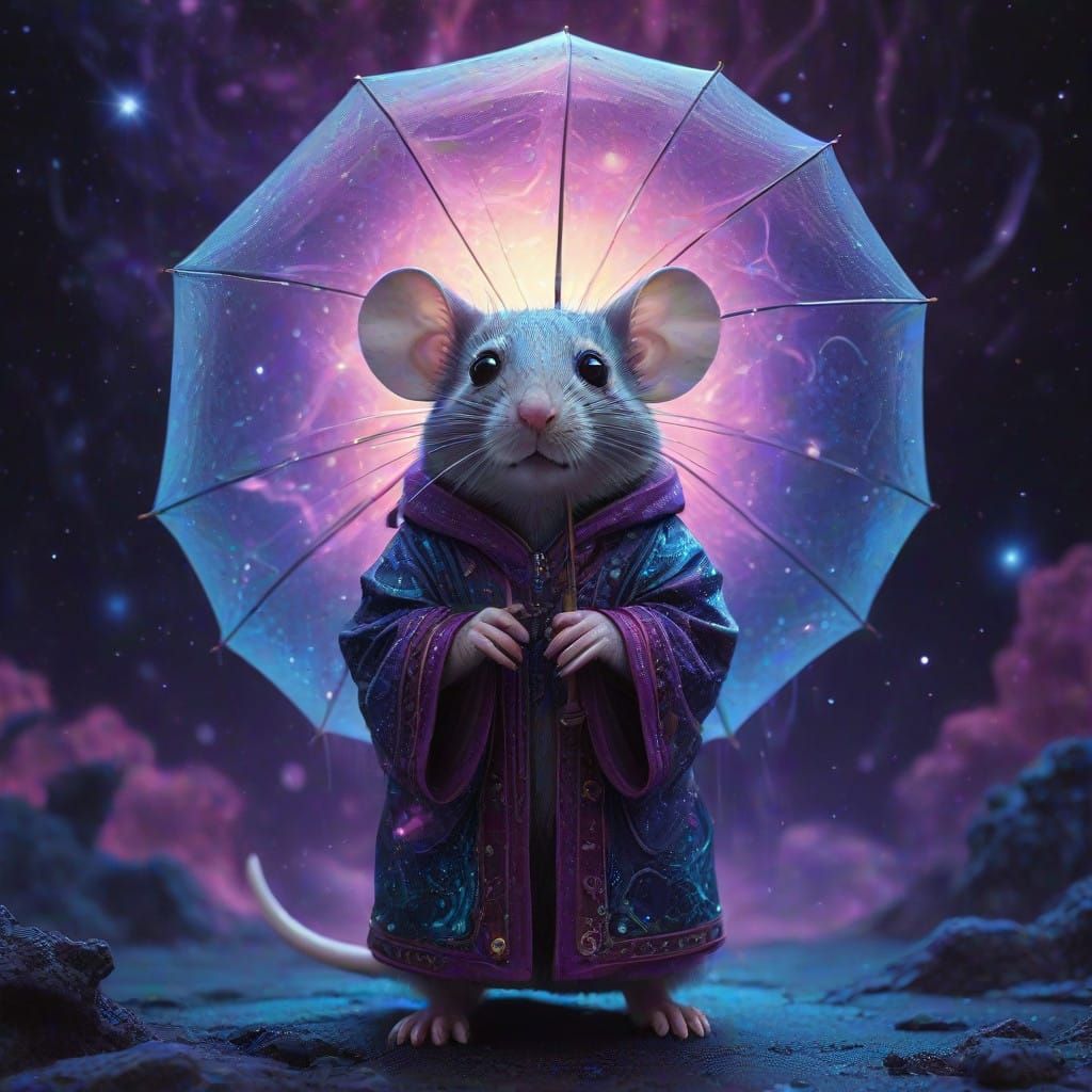 Surreal Cosmic Mouse in Whimsical Coat and Glowing Umbrella