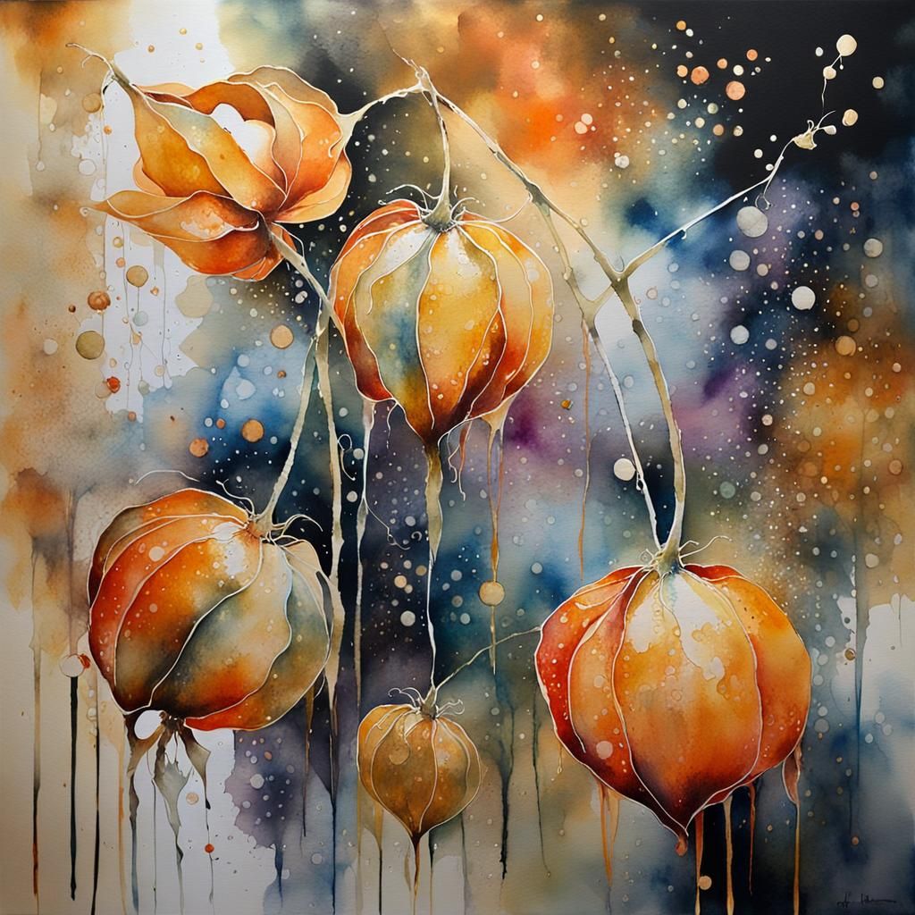 Luminous Physalis Alkekengi in Flowing Watercolor