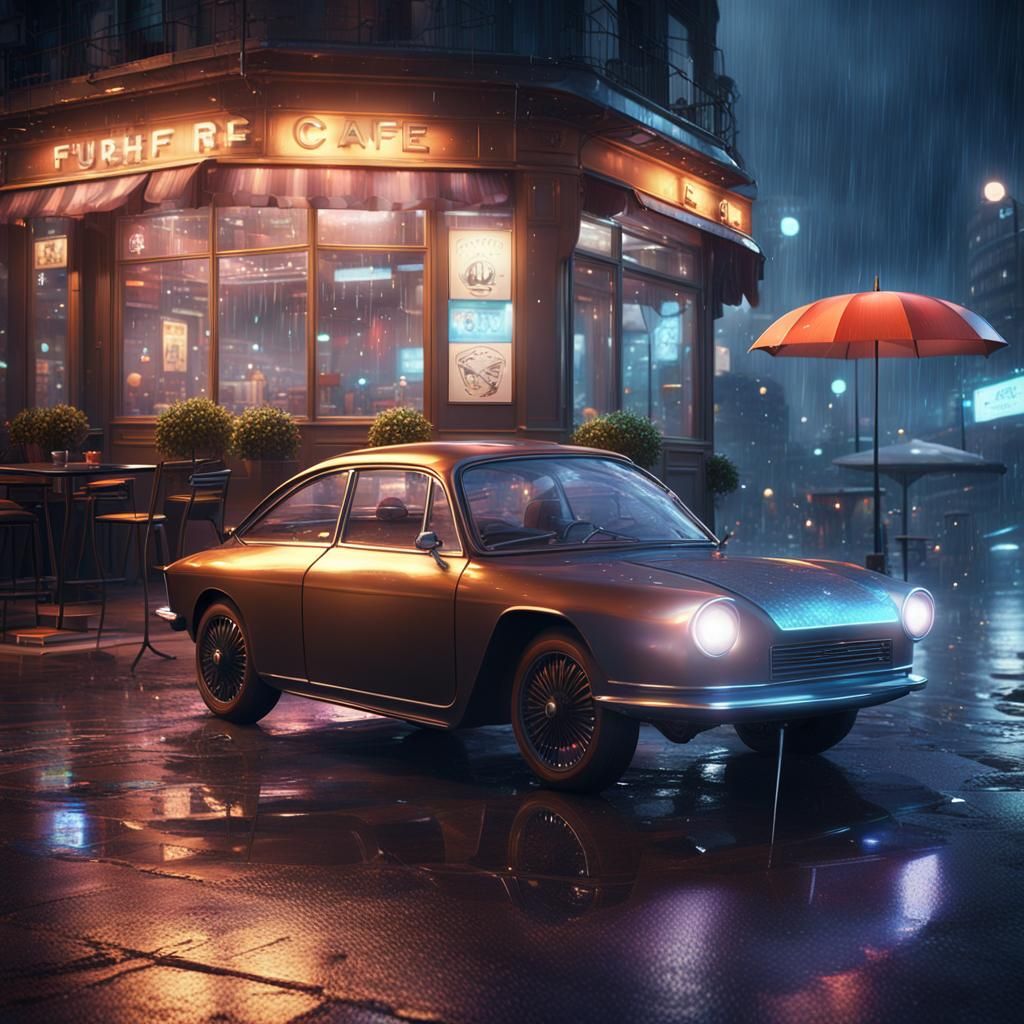 Futuristic Car and Cafe in Rainy Night Scene