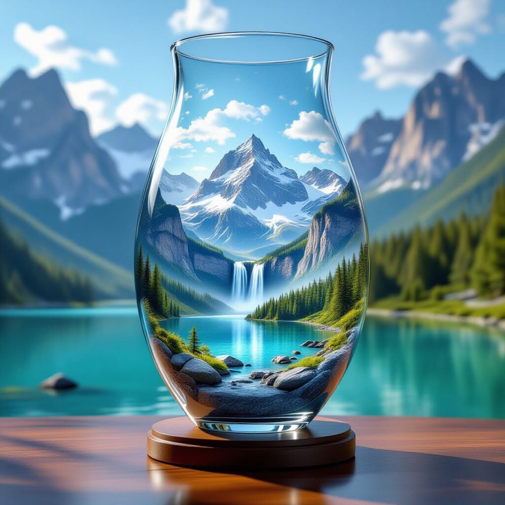 Holographic Mountain Landscape in Glass Vase