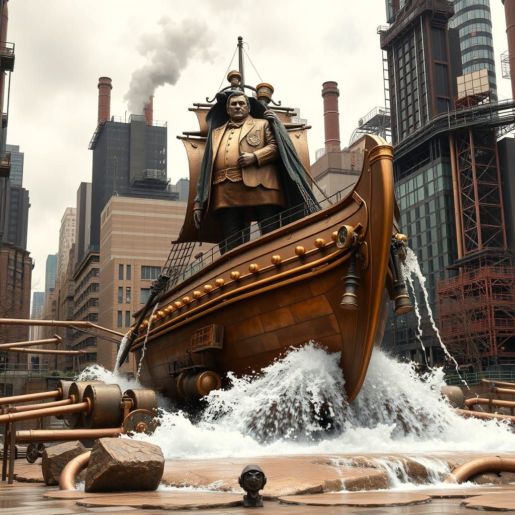 Heroic Iron Statue Amidst Steampunk Metropolis