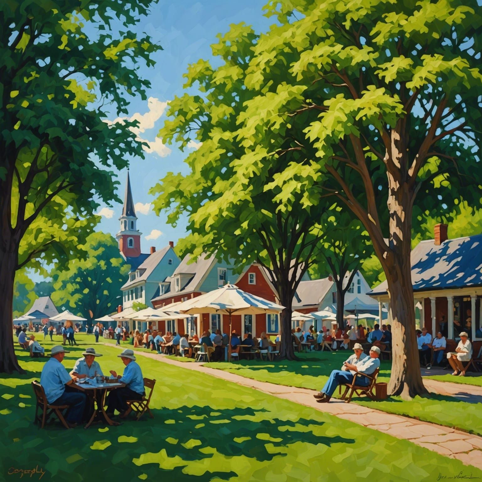 Village Green: Lazy Sunday Afternoon, Oil Painting