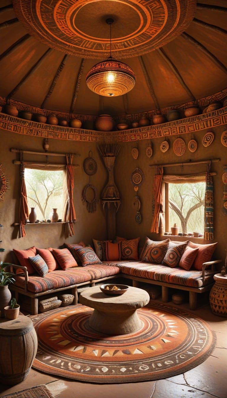 Vibrant African Tribal Art in Earth Tone Hut