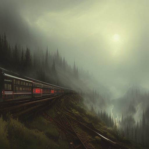 Train Crosses Foggy Mountains: Cinematic Masterpiece